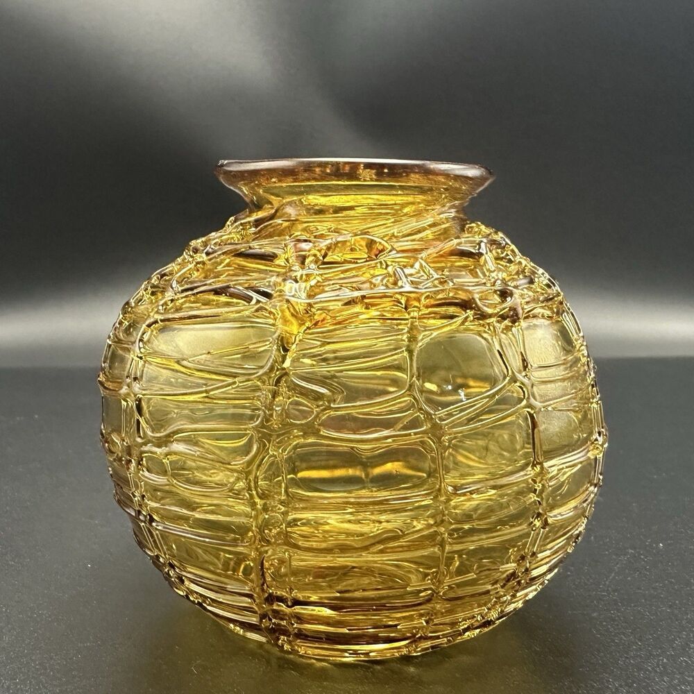 Yellow Threaded Webbed Art Glass Vase Nouveau Kralik Loetz Style Bulb 3”